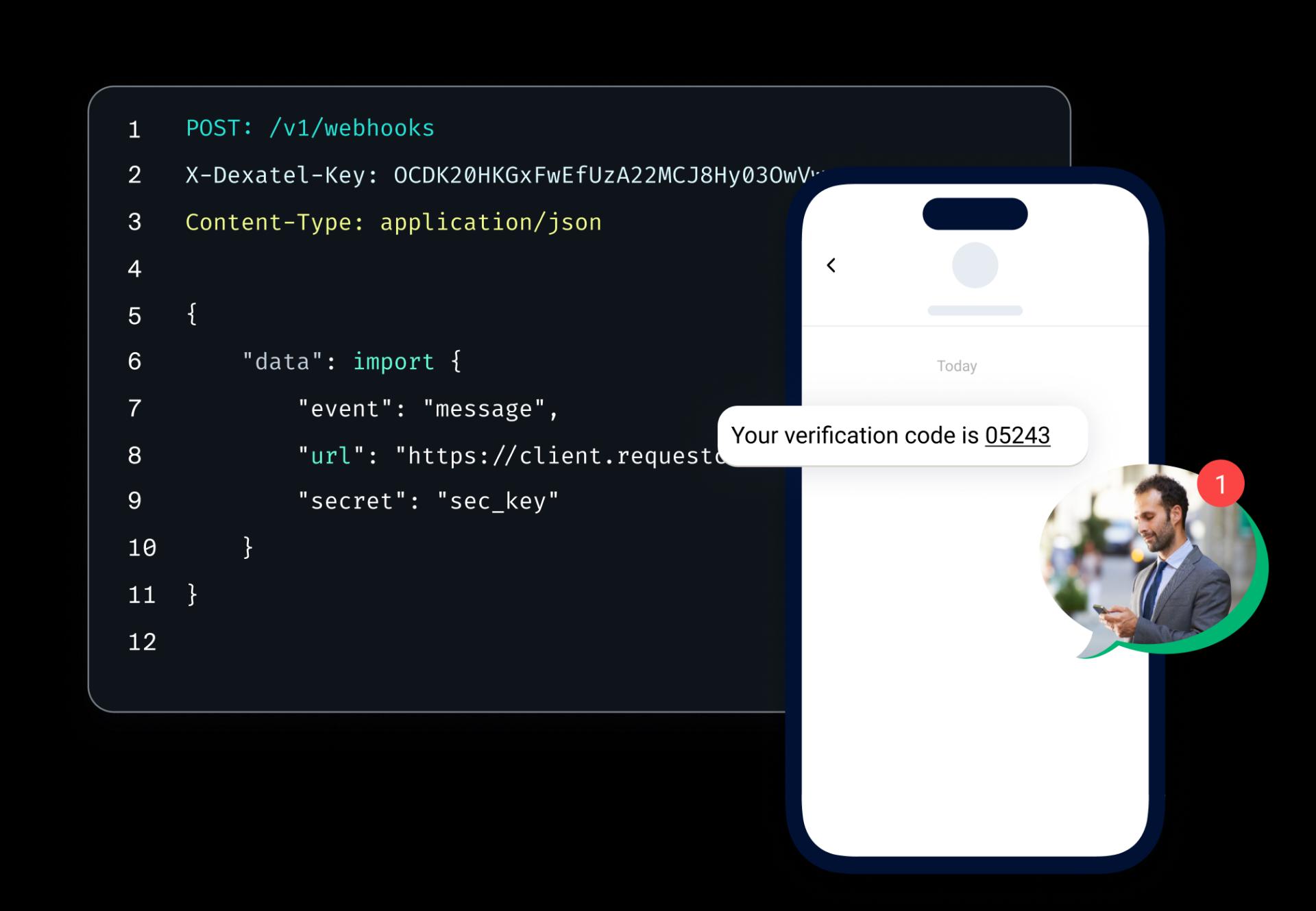 Verification code received via API on mobile device