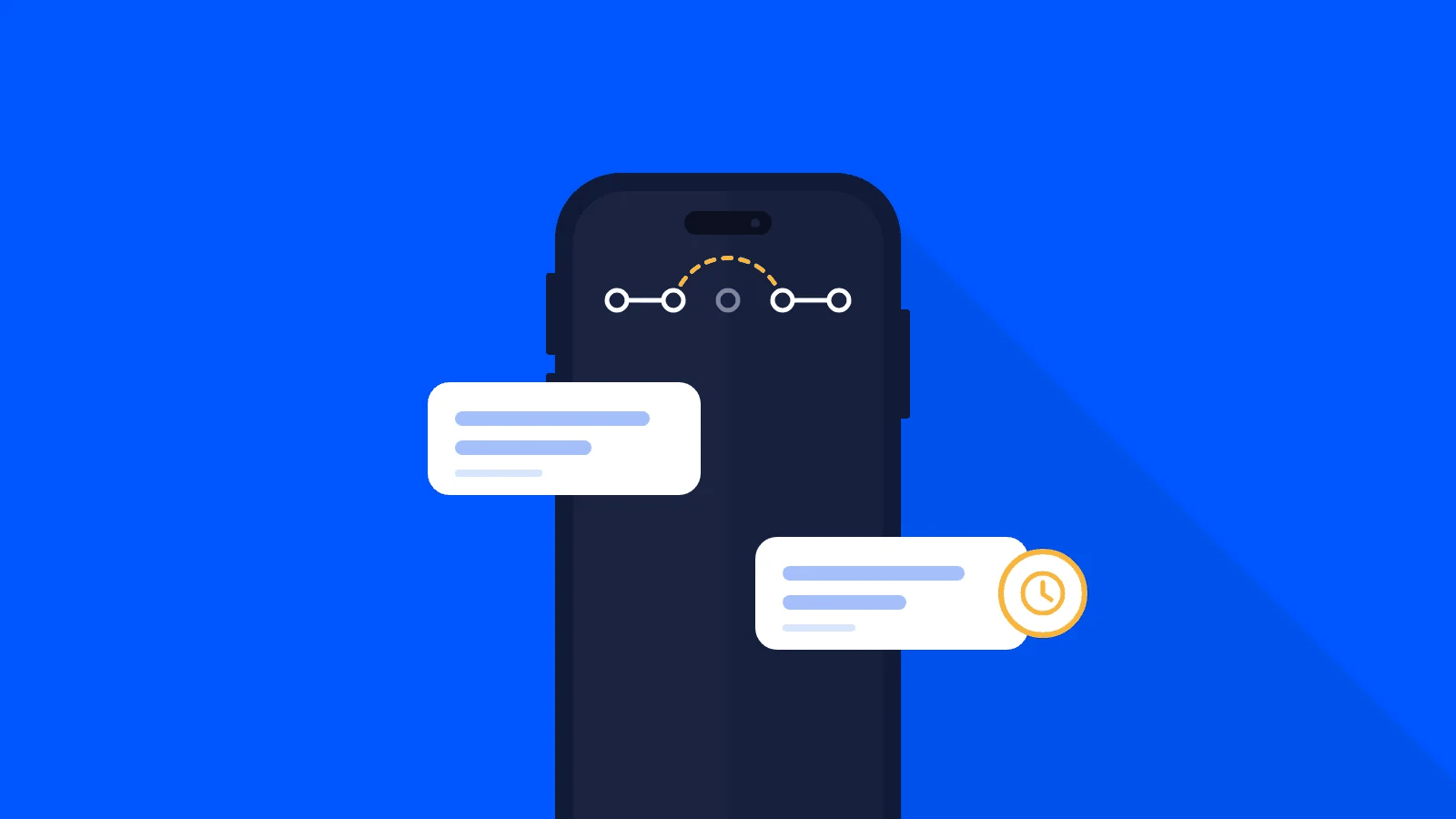Smartphone with two text message bubbles, one marked with an amber clock while it’s retried, under a network path with one bypassed node Smartphone with two text message bubbles, one marked with an amber clock while it’s retried, under a network path with one bypassed node