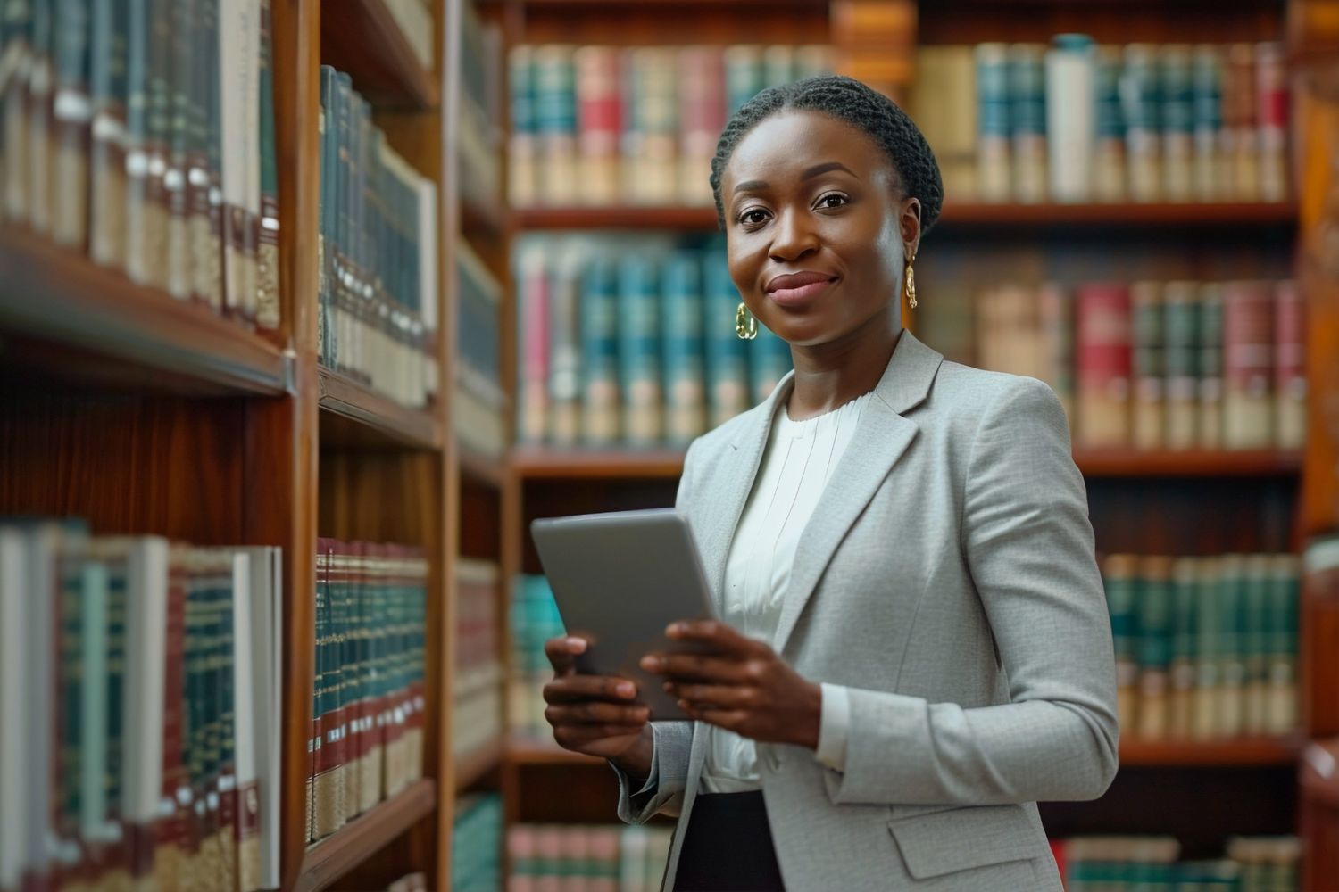 Lawyer standing near a book shelf in a library